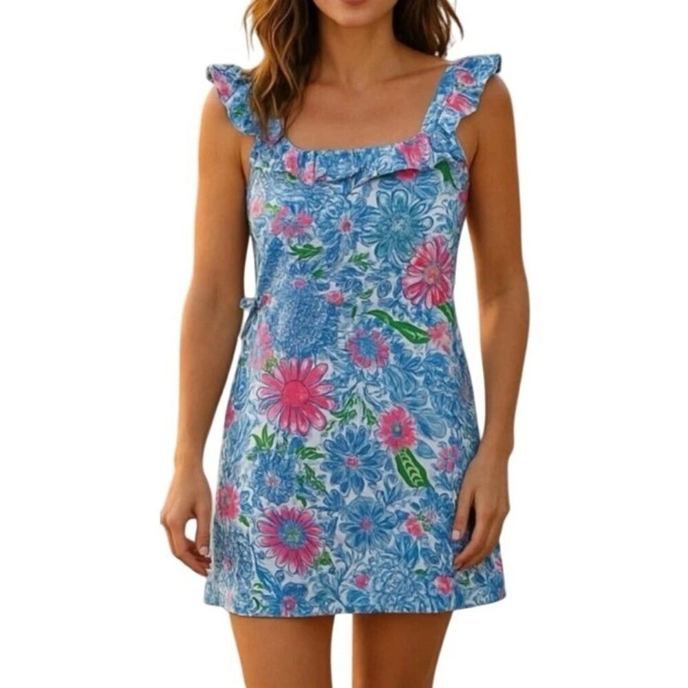 NWT Lilly Pulitzer Women's Zoya Ruffle Romper inFrenchie Blue Suns Out Sz 8
